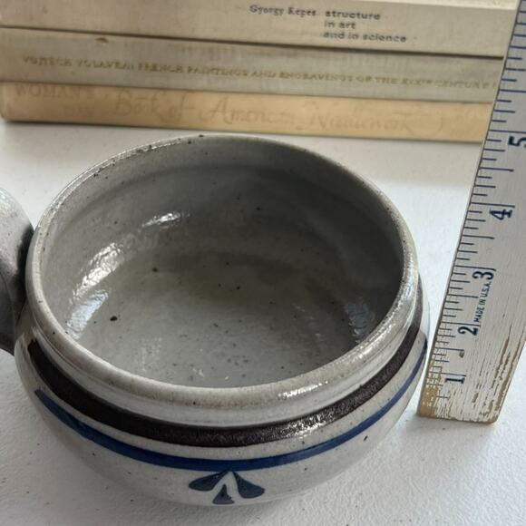 Studio Art Pottery Handmade Soup Bowl Handled Blue Striped Signed 5" X 3" - Picture 13 of 16
